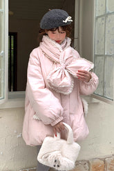 Manteau Sweet Lolita à nœud papillon, manches longues, col montant en duvet rose